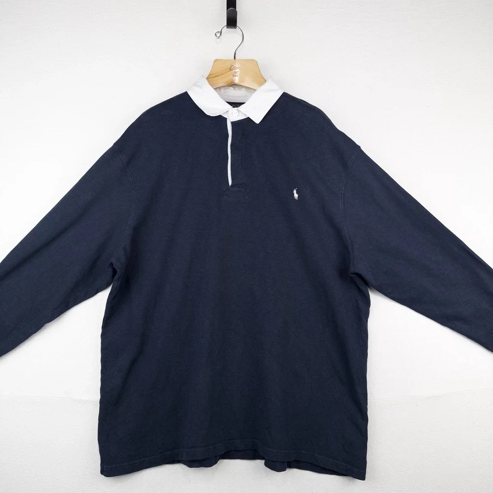 Polo Ralph Lauren Mens Long Sleeve Rugby Shirt Men's 2XB Navy Blue White Collar